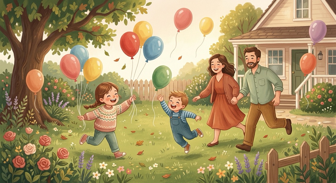 A family chasing balloons in the backyard — a Kiddoz activity